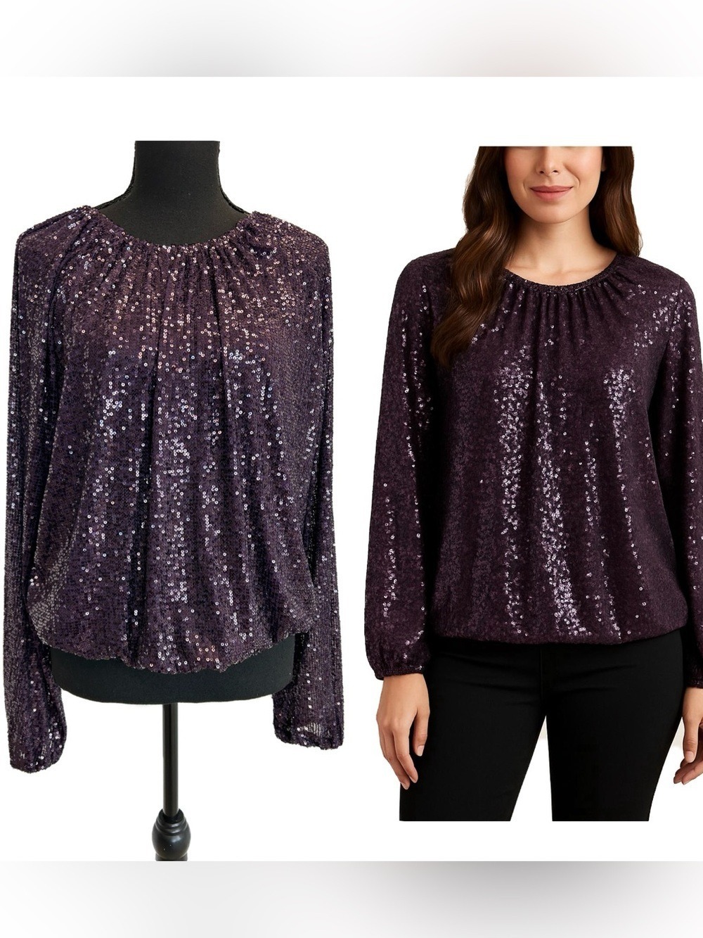 Suzy Shier plum purple Sequin Long Sleeve Peasant Blouse Sz L NWOT sparkly